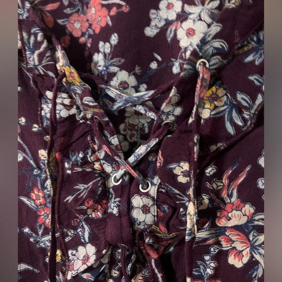 AE Floral Purple Boho Chic Long Sleeve Peasant Blouse, Tie-Up V-Neck, Small - Picture 4 of 9